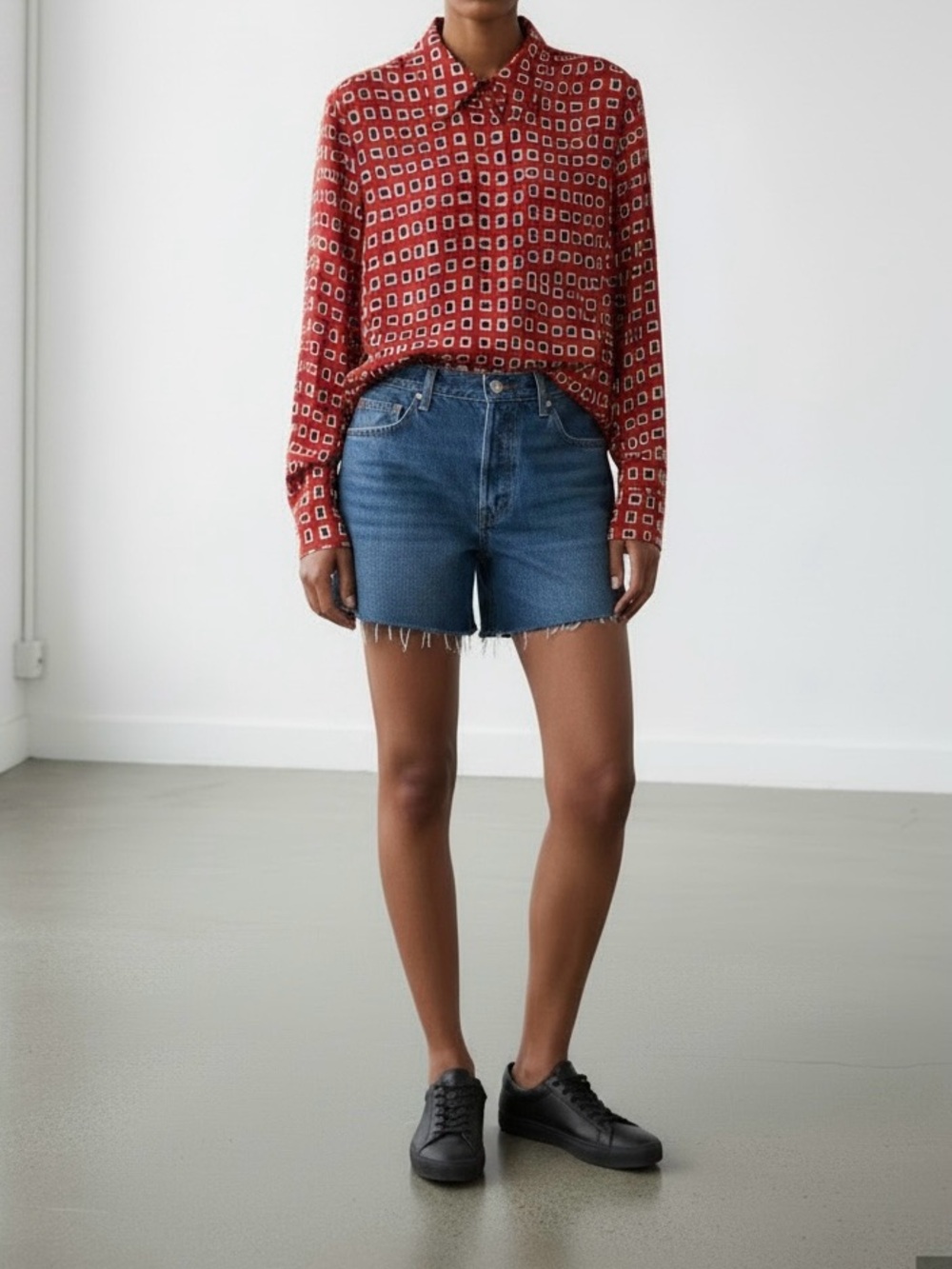 STAUD satin Red Geometric pattern Button down shirt